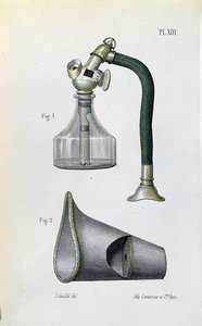 Máscara para administrar éter para anestesiar um paciente, de um manual médico de Jean-Baptiste-Leon Dubreuil de French School