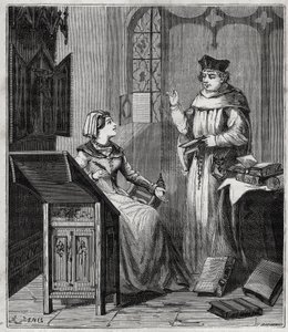 Matthieu Lansbert (Lansberg, Lansbergh, Laensberg ou Laensbergh) (século XV-16) et sa niece - Gravura em "Ciências disponibilizadas a todos - física e química" por Alexis Clerc - Final do século XIX - Colecção privada de French School