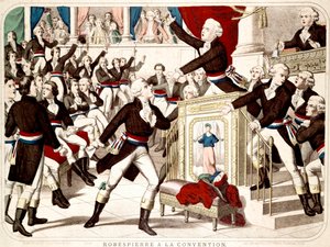 Maximilian Robespierre na Convenção (Sessão de 19 Thermidor 1794), Jean Lambert (Jean-Lambert) Tallian ameaça Robespierre com uma faca - Gravura popular da época de French School