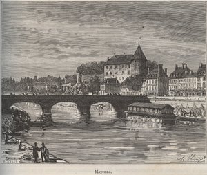 Mayenne é uma comuna do Oeste da França na região do Pays de la Loire - gravura em "La France illustree: geography, history, administration statistique" de V.-A. Malt-Brown. 1884 de French School