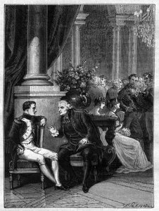 Encontro em Genes (Génova) na Itália de Napoleão I com o Cardeal Jean Siffrein Maury (1746-1817) 1805 - em "História do império seguindo a história do consulado" por Adolphe Thiers - 1879 - coleção particular de French School