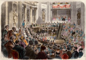 Reunião da academia francesa em 23 de Abril de 1868. Recepção de Monsieur Jules Favre (1809-1880), político francês. Gravura em "L