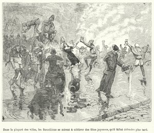 Membros do Basaoche, uma guilda de escrivães da lei, celebrando uma festa nas ruas de uma cidade francesa medieval (gravura) de French School