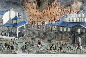 Homens a tentar apagar o fogo da ópera de Paris em 1763. de French School