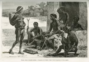 Homens, mulheres e utensílios (região de Bihe, Ruanda). Gravura de D. Maillart, para ilustrar a história Como atravessei a África, do Oceano Atlântico ao Oceano Índico, do Major Serpa Pinto, em 1877-1878, publicada no Tour du monde, sob a direção de Ed de French School