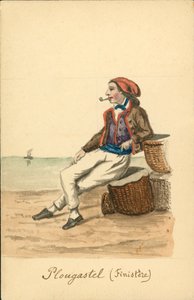 Fato de homem de Plougastel, Finistere (litografia a cores) de French School