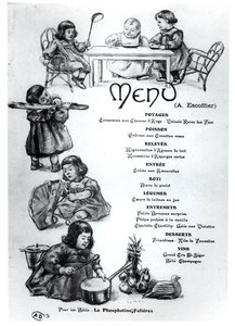 Menu criado por Auguste Escoffier (1846-1935) para crianças e bebês, c. 1900 de French School