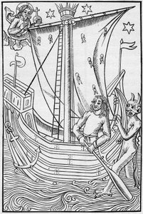 Navio mercante da Idade Média, no meio dos perigos do mar. Gravura em "La Marine et les colonies: comércio". de French School