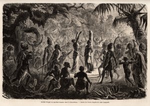 Meriah Pujah ou sacrifício humano, Khondistan (Índias Inglesas). Desenho de Fuchs, para ilustrar o estudo do Major John Campbell sobre os sacrifícios humanos nas Índias Inglesas de French School