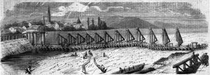 Fenômenos meteorológicos: dessecação do Reno em 1858. Vista da Ponte de Kehl (Alemanha), tomada a jusante da costa francesa. Gravura em "Le Monde Illustré" n°50 de 27 de Março de 1858. de French School