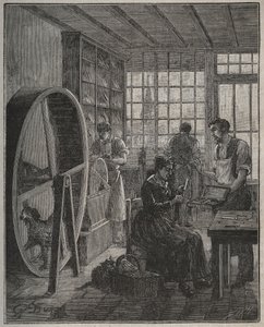 Metier e artesão: uma cutelaria na província no século XIX. Gravura de 1885 em "Les arts et metiers illustres" de Adolphe BITARD. de French School
