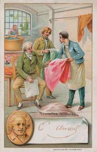 Michel Eugene Chevreul, químico francês (1786-1889), inspecionando alguns novos corantes de French School