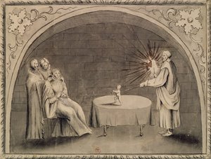Michel de Nostradame (1503-66) e Catarina de Médicis (1519-1589) 1559 (caneta e tinta e papel lavado) de French School