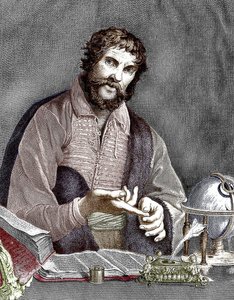 Michel de Nostredame, também conhecido como Nostradamus (1503-1566) astrólogo e médico francês, gravura, documento colorido de French School