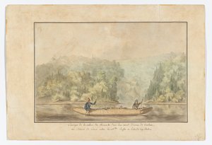 Micmacks em sua canoa de casca de bétula; Estreito de Canso entre a Nova Escócia, na ilha de Cape Breton de French School