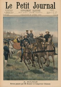 Revisão militar por Paul Doumer, Governador Geral da Indochina Francesa, e Imperador de Annam, Thanh Thai, em Hanói, ilustração da capa do Le Petit Journal, Suplemento Ilustre, 27 de abril de 1902 (