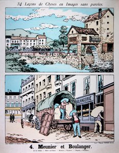 Miller e Baker, ilustração de um livro de escola primária, c.1900 (lito colorido) de French School