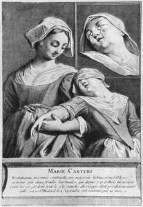 Cura milagrosa de uma mulher cega, Marie Carteri, no túmulo do diácono François de Paris, no cemitério paroquial de Saint-Medard, em Paris de French School