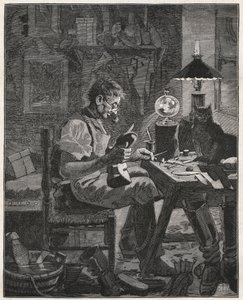 Aplicativo moderno por um sapateiro da Pila Vitrea. Globo de vidro cheio de água para ser colocado entre uma pessoa e o objeto que ela contempla, a fim de ampliá-lo e torná-lo mais visível. Gravura de 1885 em "Les arts et metiers illustres" de A de French School