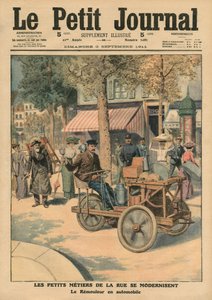 Modernização dos trabalhos de rua, o moedor de facas em seu carro, ilustração de &39;Le Petit Journal&39;, suplemento ilustre, 3 de setembro de 1911 (cor lito)