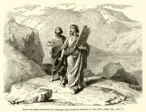 Moisés e Josué ouvem o clamor dos israelitas que adoram o bezerro de ouro (gravura) de French School