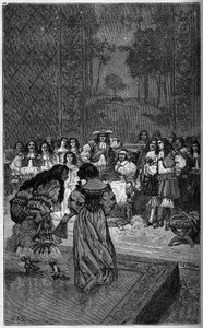 Moliere e sua trupe tocando perante o Rei Luís XIV e o Cardeal Jules Mazarin (Giulio Raimondo Mazzarino ou Mazarino) (1602-1661). Gravura em "The Illustrous World" 1886. de French School