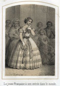 Mondanite: a jovem francesa faz a sua entrada no mundo. Ela é admirada por todos. Gravura anónima do século XIX. de French School