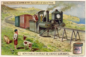 Trem monotrilho em Eire, cartão de publicidade promocional para Veritable Liebig Meat Extract de French School