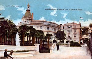 Monte-Carlo, Hotel de Paris e estátua de Berlioz - cartão postal colorido do início do século XX de French School
