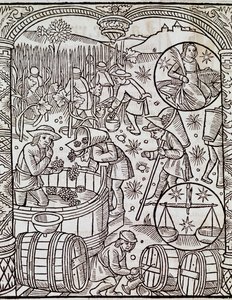 Mês de colheita, com signos de Virgem e Libra zodiac, Gravura de Le grand calendrier des bergers, França de French School