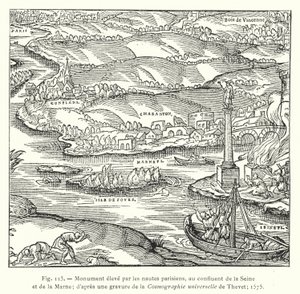 Monumento erguido pelas nautas parisienses, na confluência do Sena e do Marne; após uma gravura da Cosmographie universelle de Thevet; 1575 (gravura) de French School