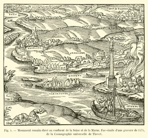 Monumento romano alto na confluência do Sena e do Marne, Fac-símile de uma gravura de 1575, Cosmografia Universal de Thevet de French School