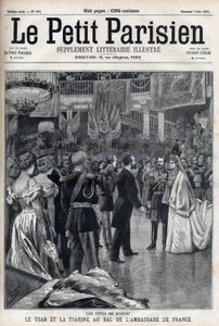 Celebrações em Moscovo: O Czar Nicolau II da Rússia (1868-1918) e a Czarina Alexandra Fiodorovna Romanova (1872-1918) no Baile da Embaixada da França, em "Le petit Parisien". de French School