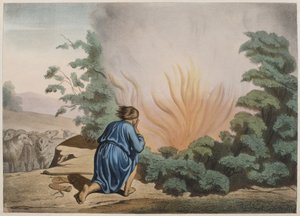 Moses and the Burning Bush, ilustração de um catecismo LHistoire Sainte, publicado por Charles Delagrave, Paris, final do século XIX de French School