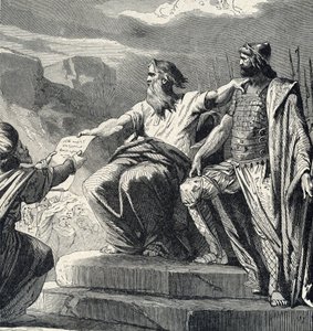 Moisés ordenando ao povo de Israel que reconhecesse a autoridade de Josué (Moisés escolhendo joshua como seu sucessor) Gravura da "História Santa" da Colecção Privada do século XIX de Lahure de French School