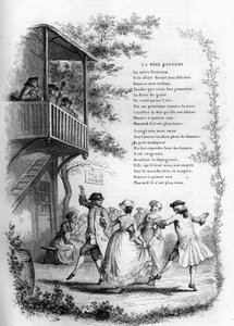 Mãe Bontems (Bontemps). Dança de jovens casais em uma vila com músicos na varanda. Gravação em "Chants et chansons populaire de la France", Tomo 2 de French School