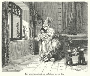 Mãe a ensinar o seu filho na época medieval (gravura) de French School