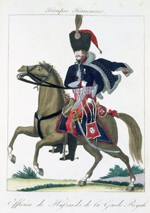 Oficial montado dos hussardos da guarda real, de Troupes Francaises, bar. Chez Basset, Paris, c.1790 de French School