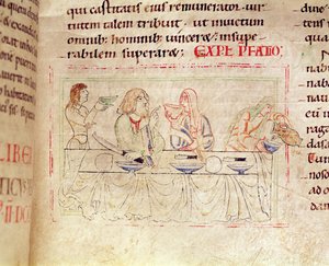 Ms.1215 t.3 fol.158v, Refeição com Judith e Holofernes, da Bíblia de Etienne Harding, 1109