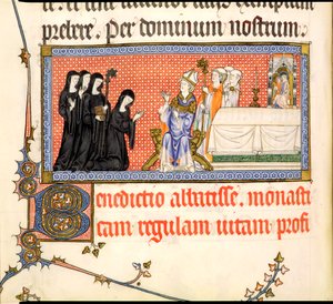 Ms.298 f82v A apresentação de uma abadessa, do Metz Pontifical, escrito por Raymond Bar, bispo de Metz, 1302-16 de French School