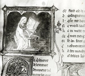Ms.3142 fol.256 Marie de France (fl.12º século) escrevendo, de uma antologia de poemas franceses, c.1280-90 (detalhe) de French School