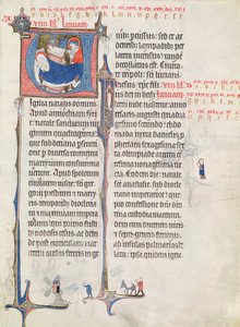 Ms.838 fol.55 Iniciativas historiadas &39;U&39; e &39;I&39; representando a Natividade e o Menino Jesus, de &39;Obituaire de Notre Dame de Pres&39;, depois de 1270 (ver também 155905) de French School