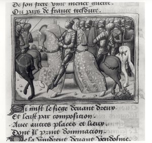 Ms.Fr.5054 fol.26 r Charles VII (1403-61) e Joana d&39;Arc no cerco de Dreux, de Les Vigiles de Charles VII por Martial d&39;Auvergne ou de Paris (1430-1508) 1484 de French School