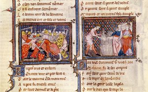 Ms 1044 fol.20 Jupiter versus Saturno: Saturn ensinando os lombardos como usar uma foice, de Ovide Moralise escrito por Chretien Legouais de French School
