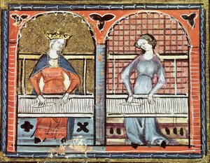 Ms 1044 fol.89v Women Weaving, de Ovide Moralise escrito por Chretien Legouais de French School