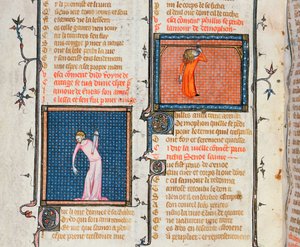 Ms 1126 O Suicídio de Dido pela espada e o suicídio de Phyllis por enforcamento, de Le Roman de la Rose por Guillaume de Loris e Jean de Meung, c.1360-70 de French School
