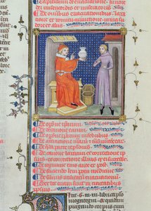 Ms 126 fol.200v Um médico realizando uma análise de urina, de um manuscrito de Rhazes (Ibn Zakariya) (860-c.923) de French School