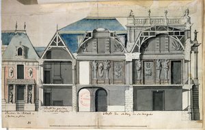 Ms 130736 Secção transversal de uma ala do castelo de Versailles construído por Louis Le Vau ((1612-70) (wc no papel) de French School