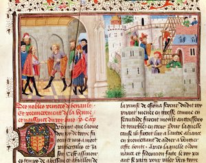Ms 149 t.1 fol.16 Um Acordo e a Construção de um Castelo, da Histoire des Nobres Princes de Hainaut, por Jacques de Guise de French School