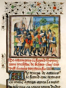 Ms 149 t.1 fol.45 Um exército em campanha, da História dos Príncipes Nobres de Hainaut, por Jacques de Guise de French School